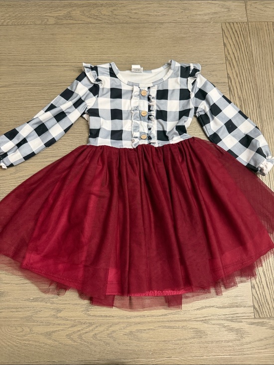 Mia Belle Other - Mia Belle Girls Black & White Buffalo Plaid Top with Burgundy Tulle Skirt Dress